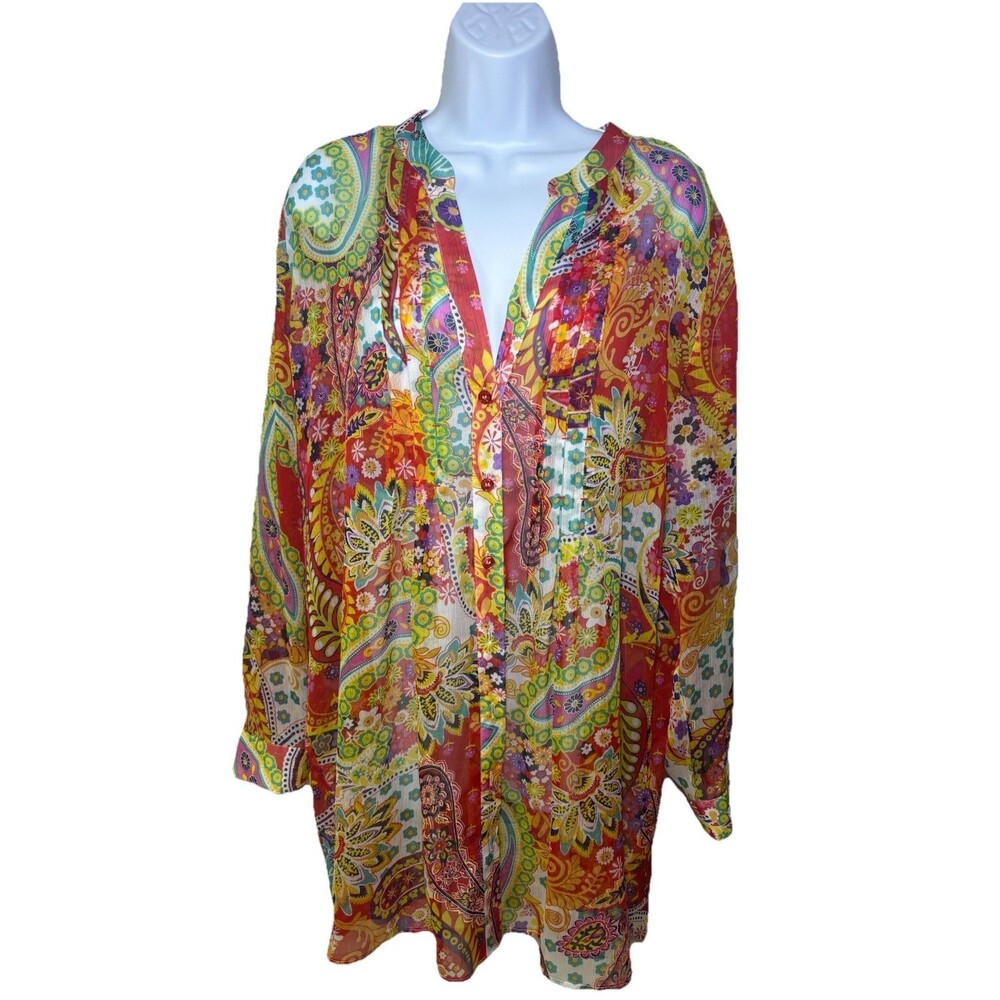Soft Surroundings Paisley Park Tunic Women XL Bright Multicolor Sheer Cami Beach